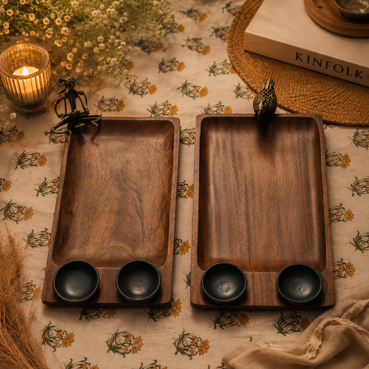 Double Bowl Wooden Tray
